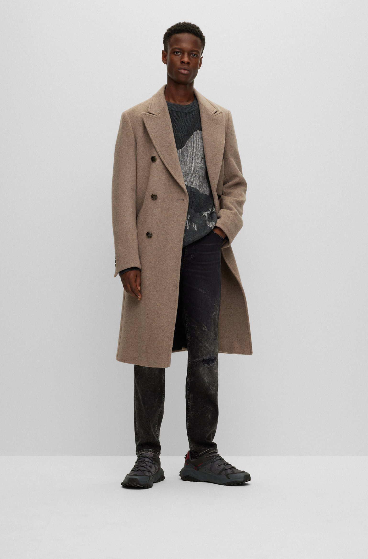 Hugo Boss Wool Oversized Jacquard Sweater DARK GRAY