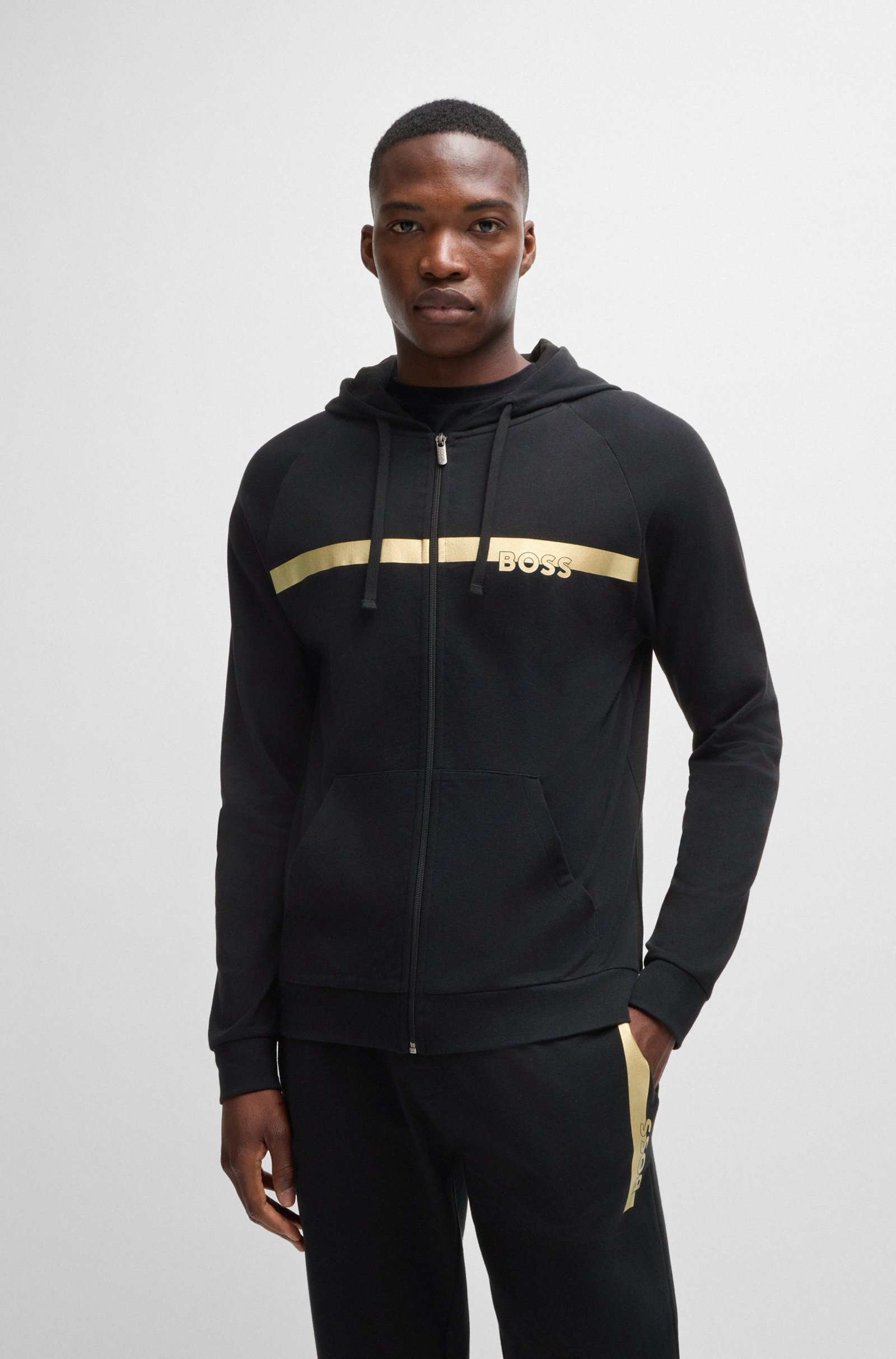 Hugo Boss Cotton-terry zip-up hoodie with foil-print logo BLACK