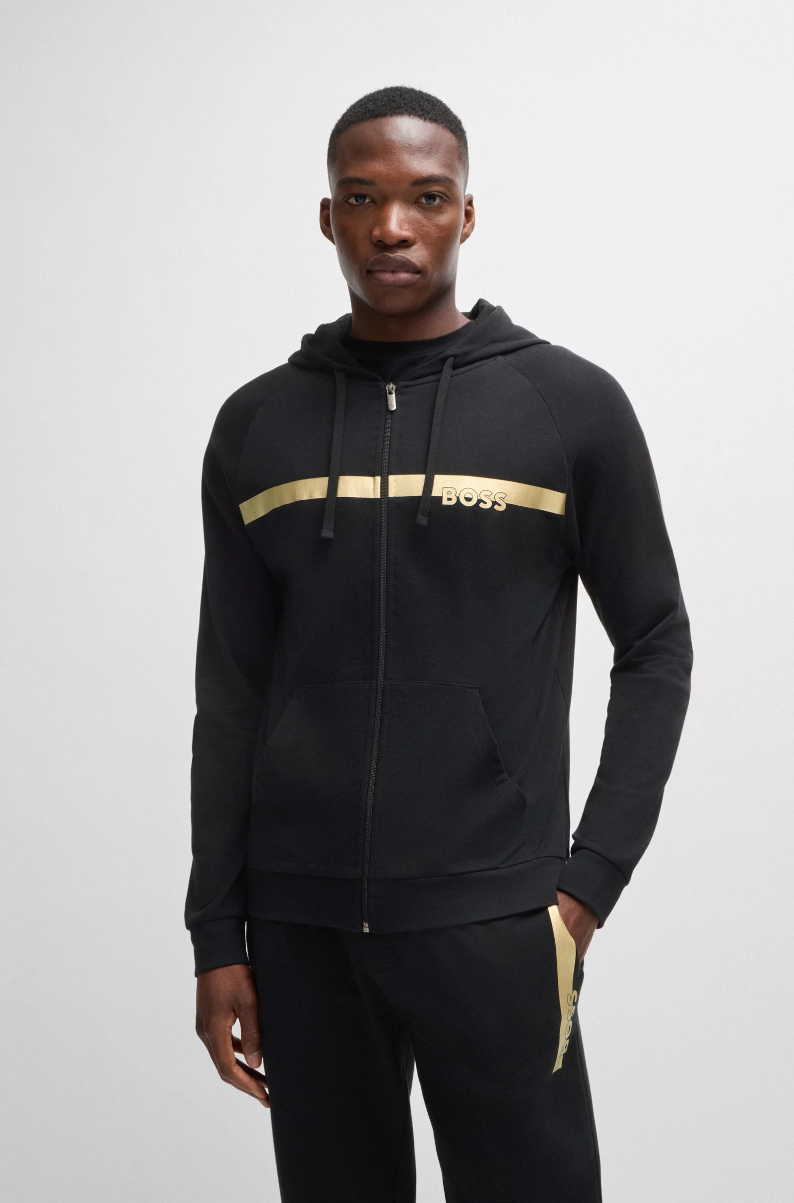 Hugo Boss Cotton-terry zip-up hoodie with foil-print logo BLACK