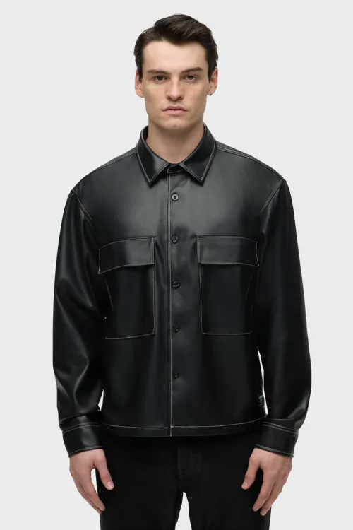 Hudson Jeans Vegan Leather Shirt Jacket Black Sky